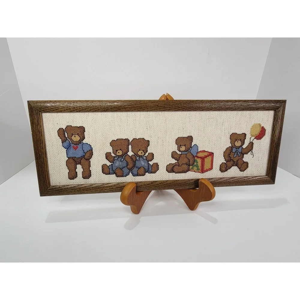Vintage Teddy Bear Cross Stitch Framed Wall Art Nursery Decor Handmade 16x6